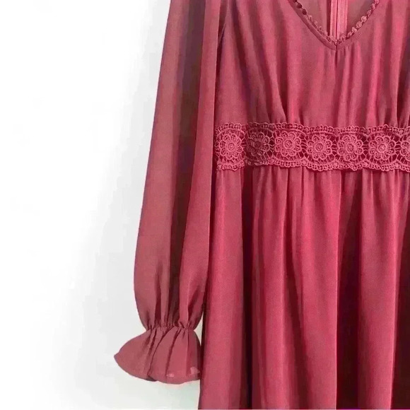 Red Wine Eyelet Midi Dress, Sheer Long Sleeves, Size 4/S - Picture 4 of 6
